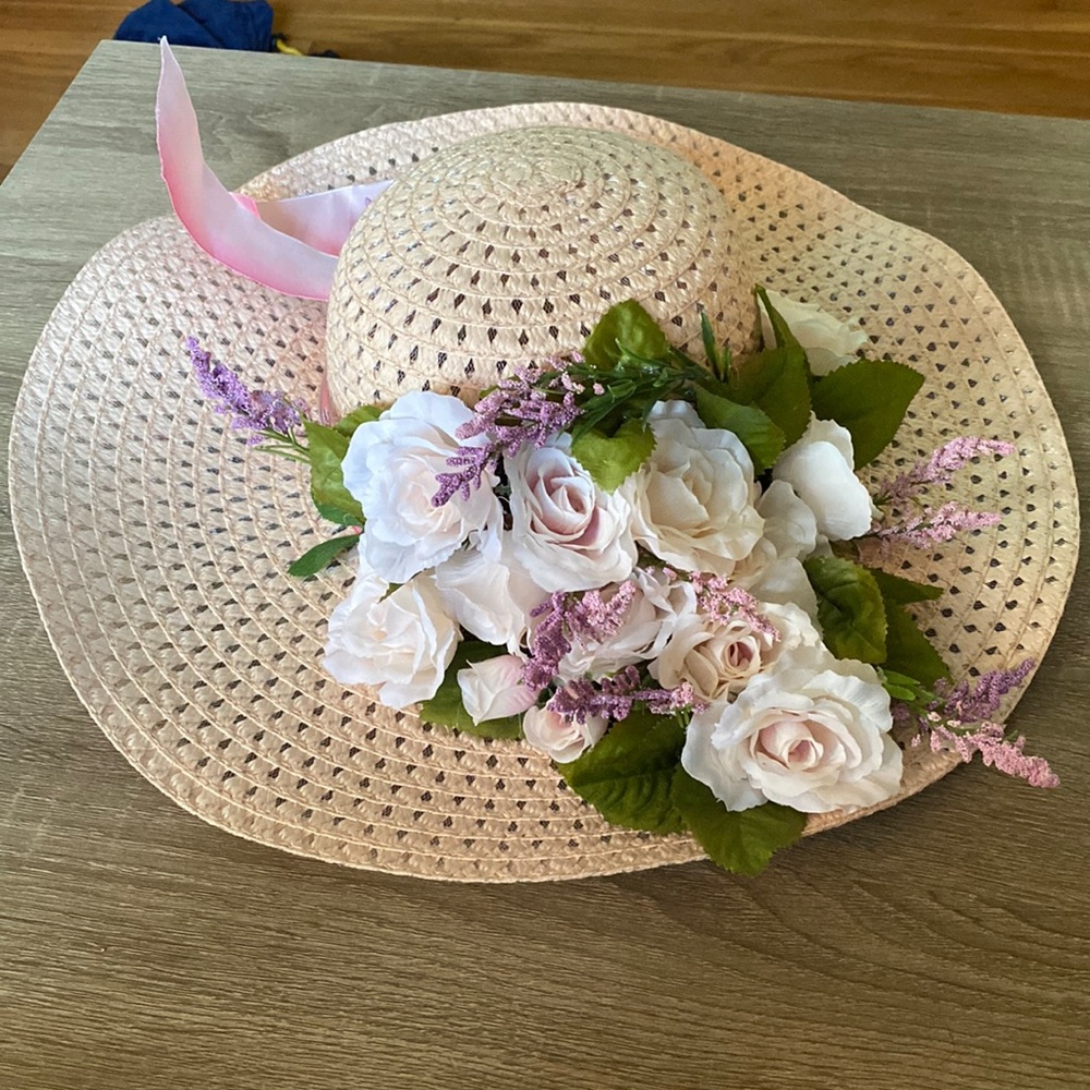 Women’s Pink Floral Straw Sun Hat with Ribbon Accent